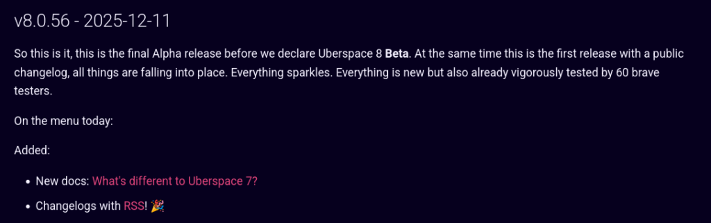 Changelog der letzten Alphaversion von Uberspace 8